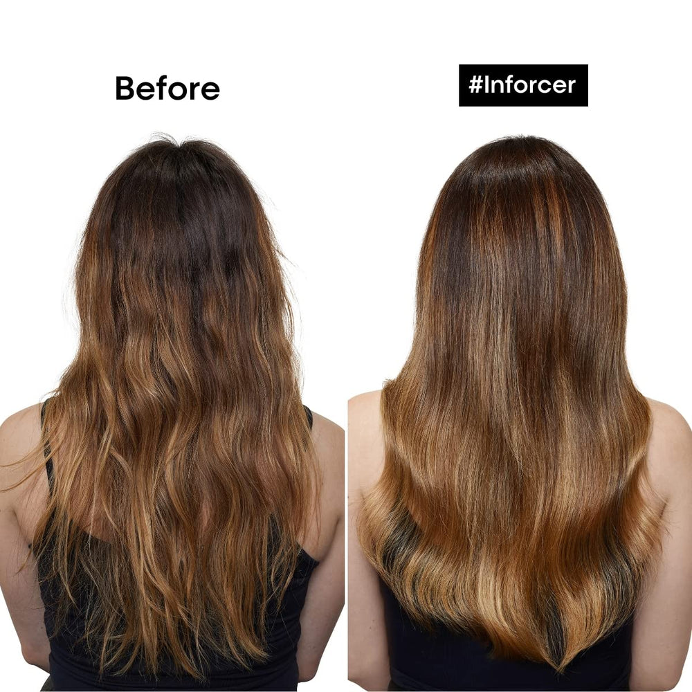 Inforcer bottle close-up highlights Biotin and Vitamin B6 for stronger hair
