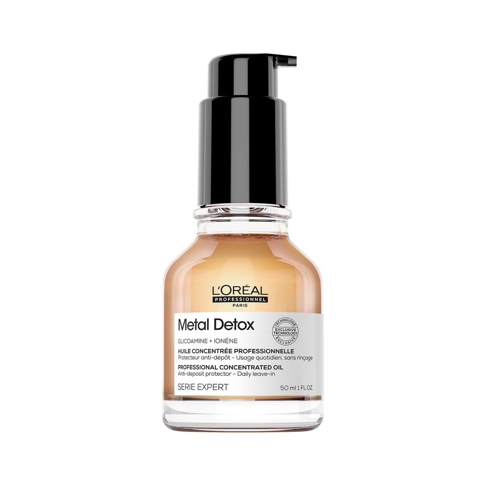 L’Oréal Professionnel Paris Metal Detox Leave-In Oil bottle delivering color protection and shine