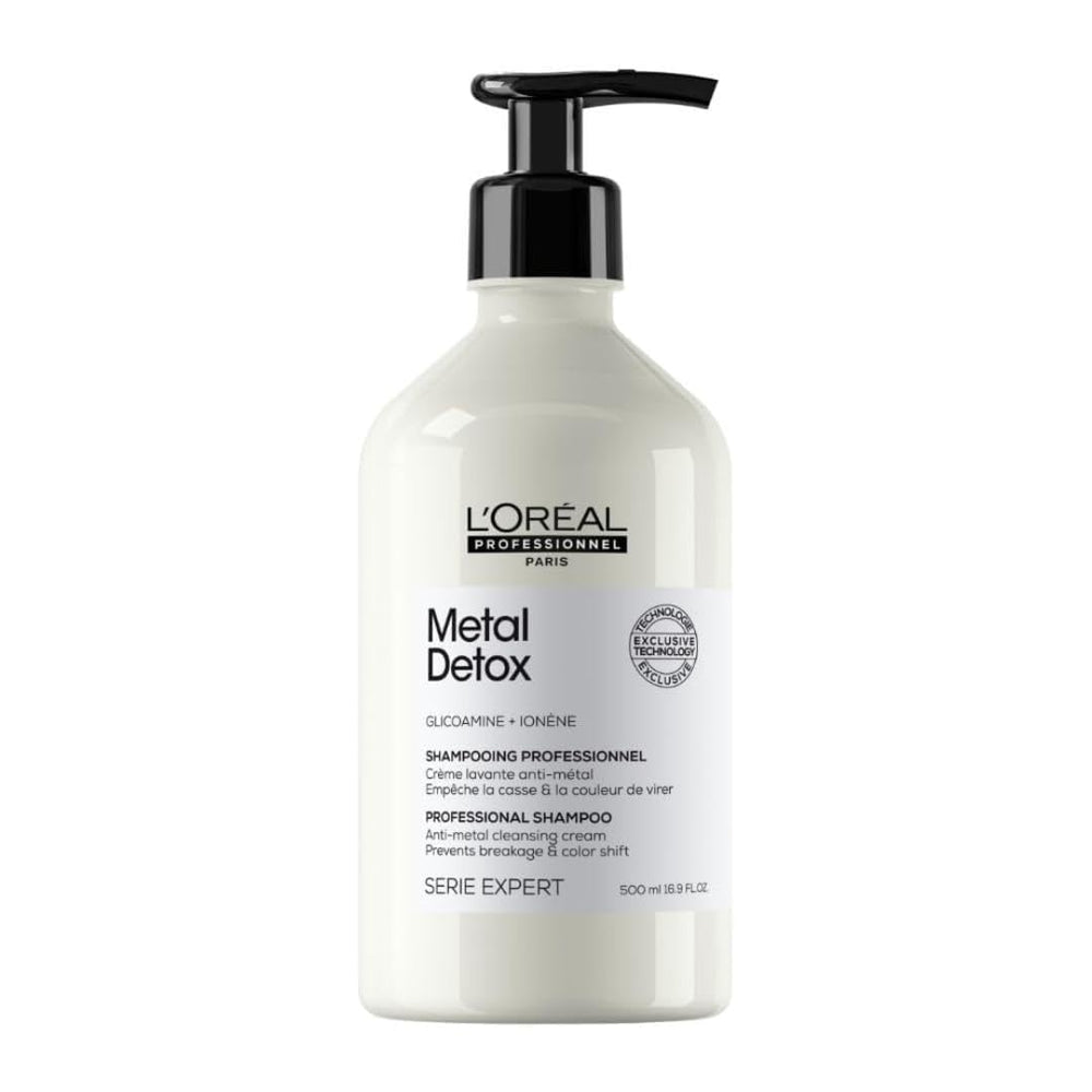 L'Oreal Professionnel Paris Metal Detox shampoo bottle shows metal removal for color-treated hair.