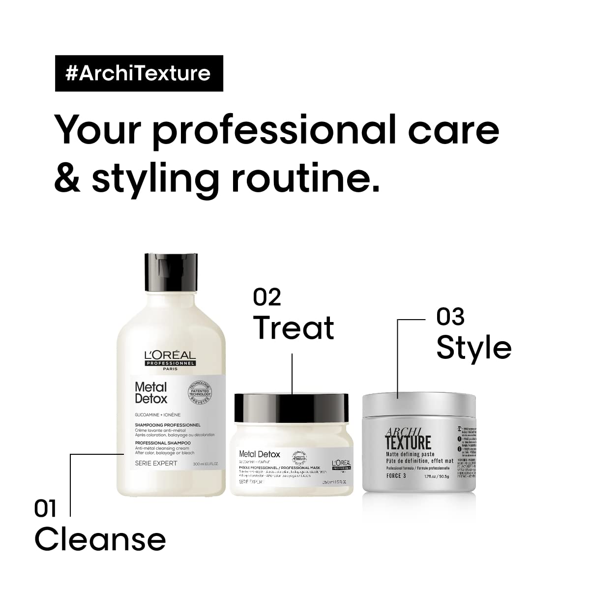 L’Oréal Metal Detox Shampoo bottle shown as prep before Architexture styling.