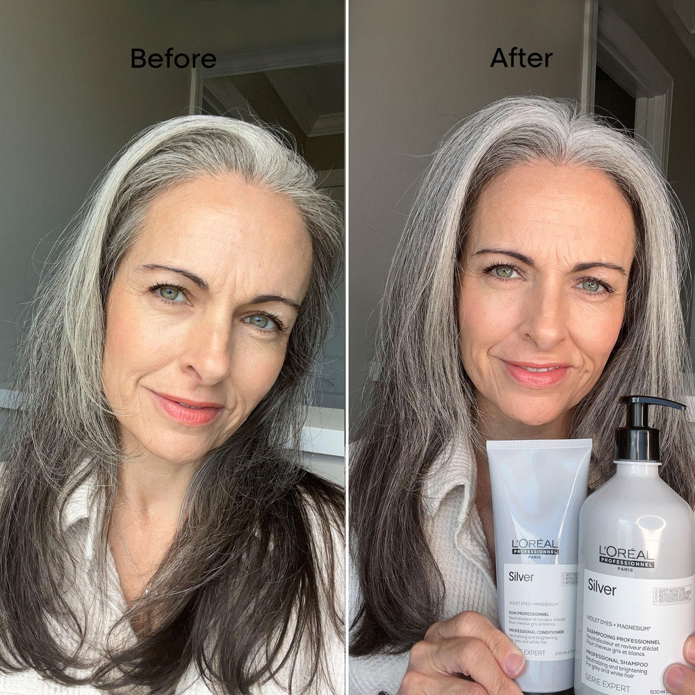 Purple shampoo before-and-after effect showing brass neutralization with L'Oréal Professionnel Paris.