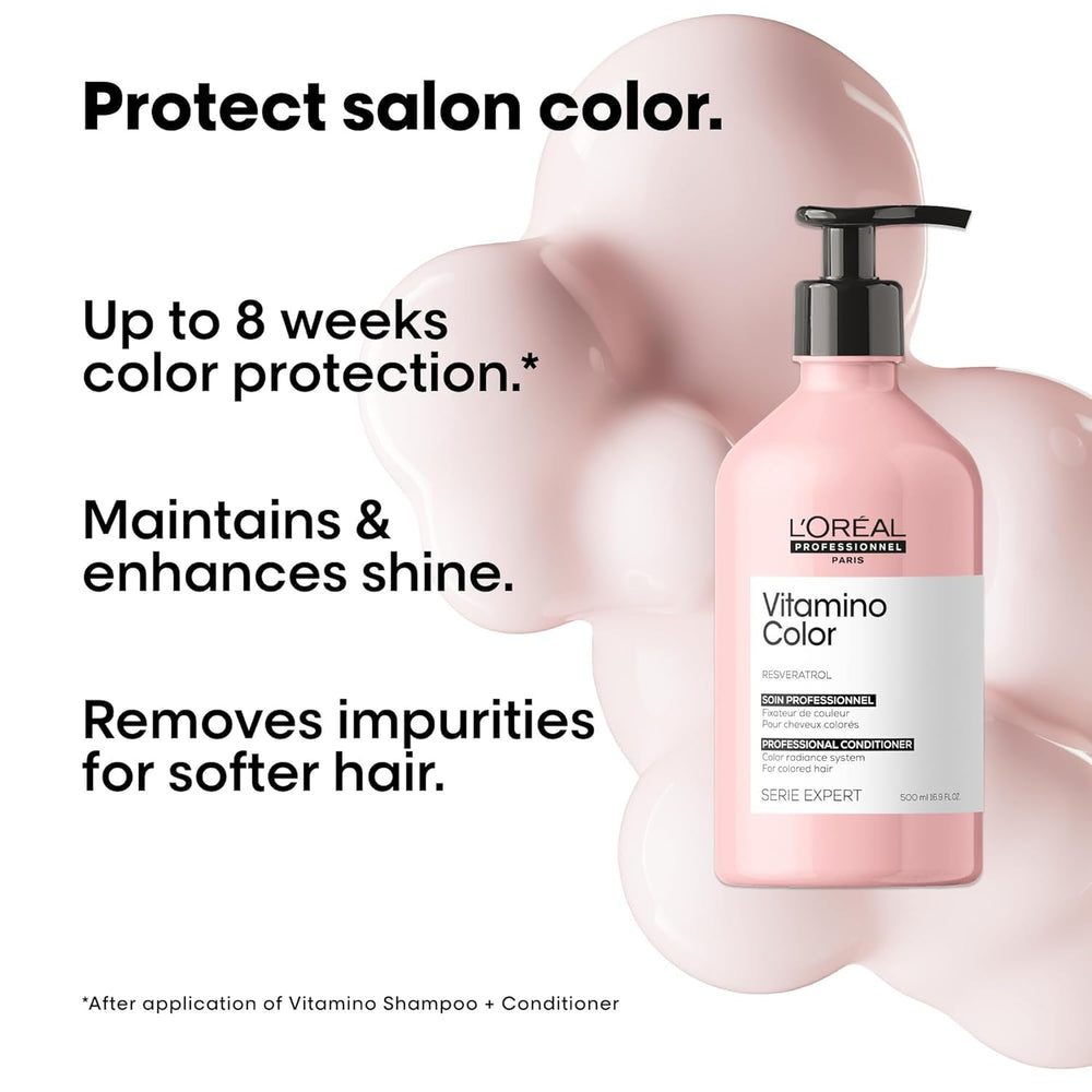 L’Oréal Vitamino Color Conditioner pump close-up demonstrates detangling and hydration benefits.