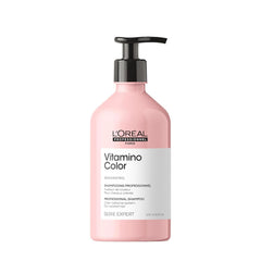 L'Oreal Professionnel Paris Vitamino Color Shampoo bottle closeup highlighting color protection.