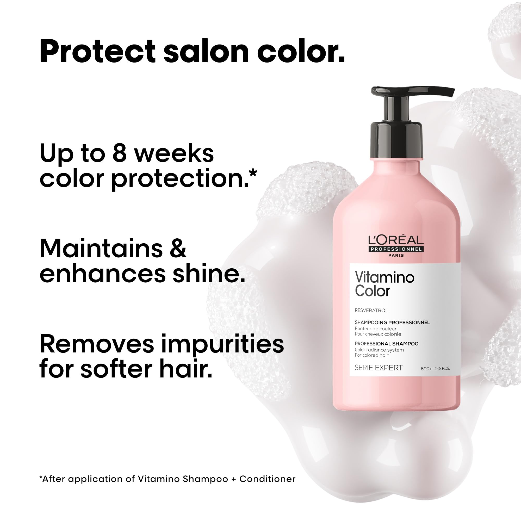 Vitamino Color Shampoo displays glossy shine on color-treated hair.