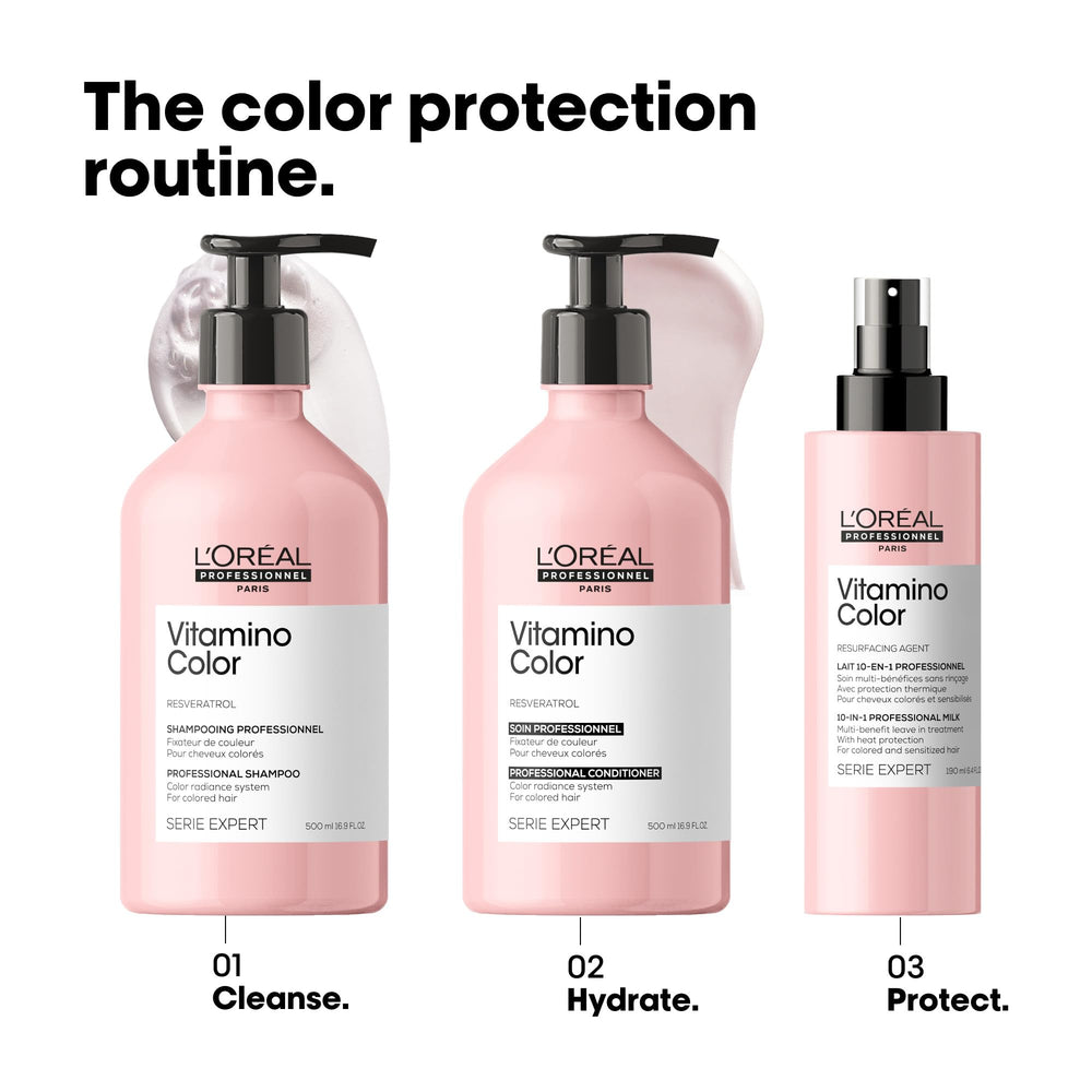 Packaging box for Vitamino Color Shampoo on a vanity for color care routines.