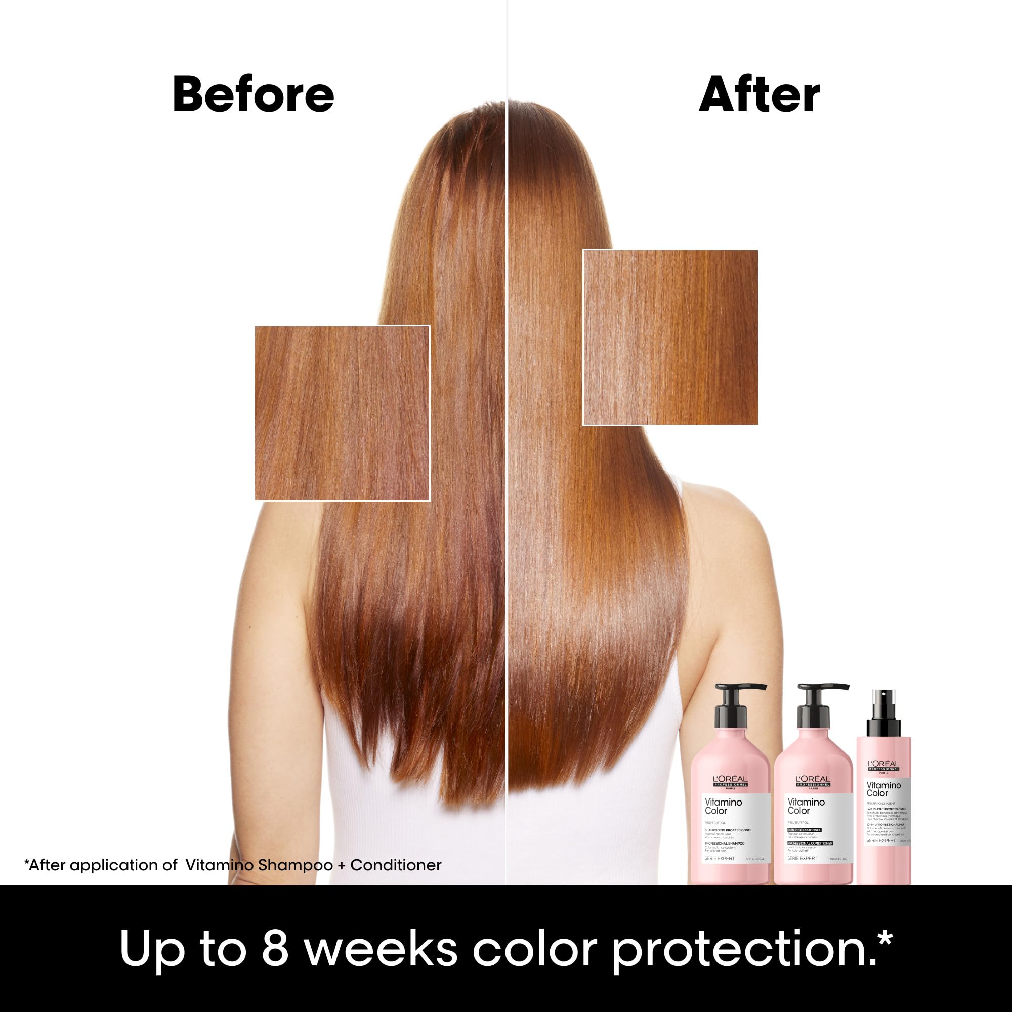 L'Oreal Professionnel Paris Vitamino Color Shampoo being poured for even cleansing.