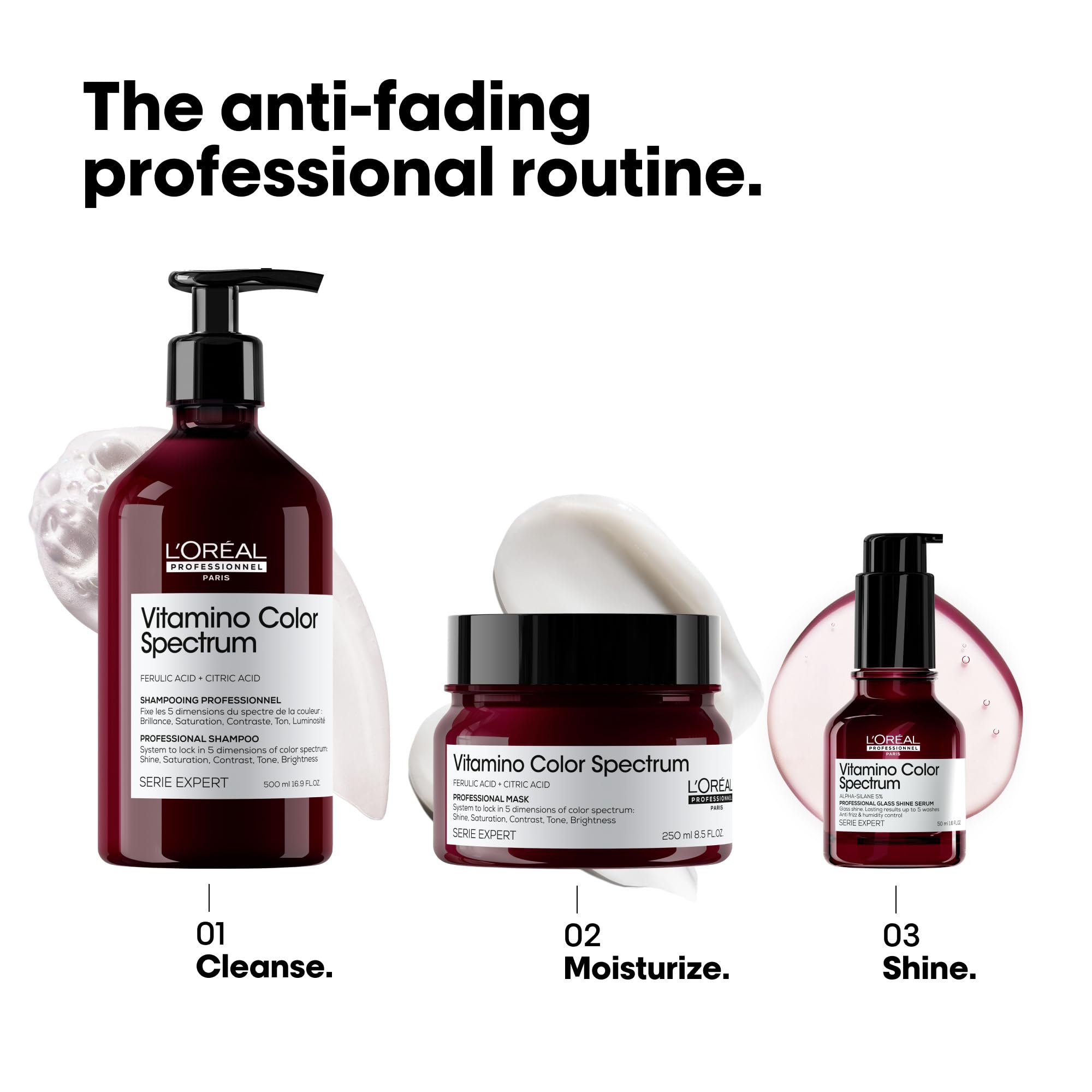 Color-safe hair with Vitamino Color Spectrum serum for color-treated hair.