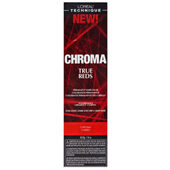 L'Oréal Technique Chroma True Reds bottle showing vibrant red shade for all hair bases and long-lasting color.