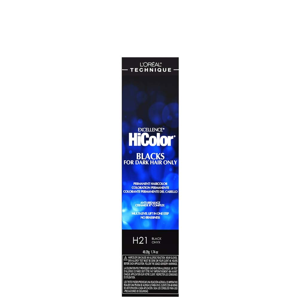L'Oreal Technique HiColor Black Onyx swatch on dark hair showing rich, long-lasting color.