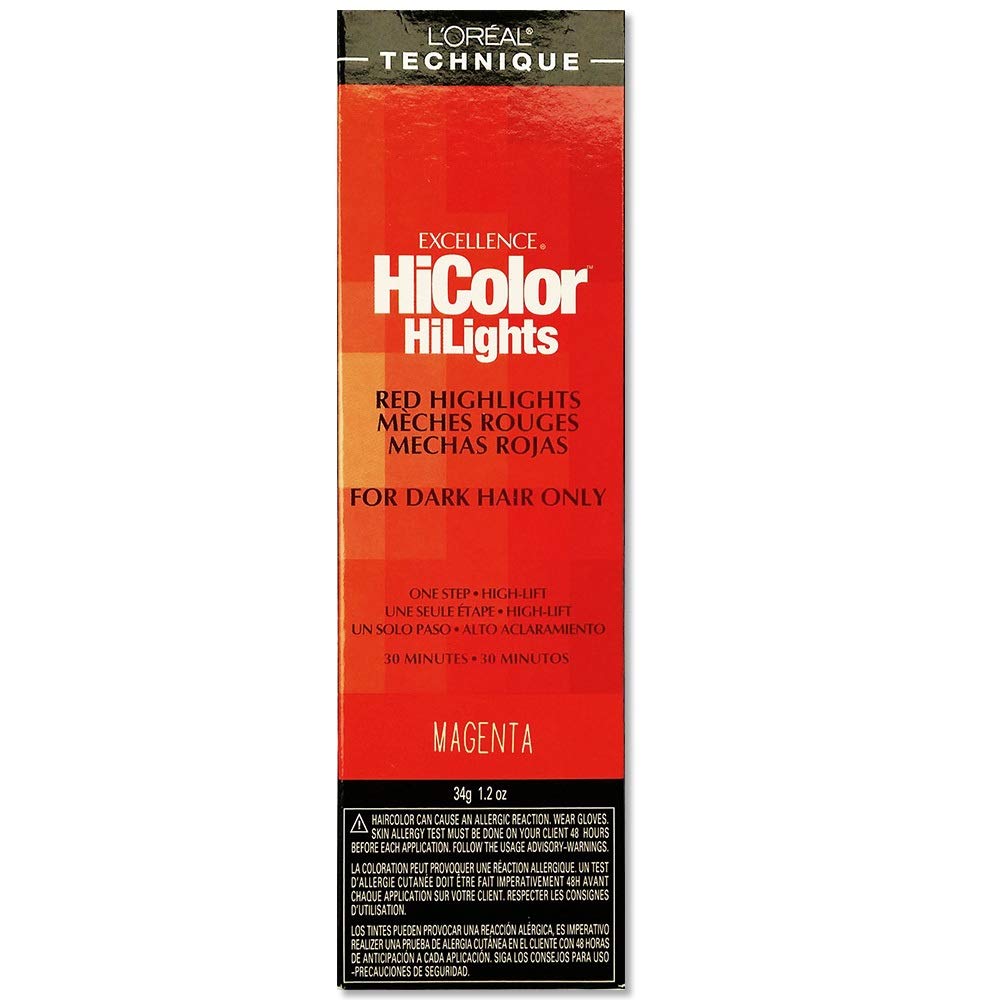 L'OREAL TECHNIQUE HiColor Red HiLights bottle showcases vibrant magenta highlights for dark hair without brassiness.