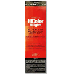 L'OREAL TECHNIQUE HiColor Red HiLights bottle showcases vibrant magenta highlights for dark hair without brassiness.
