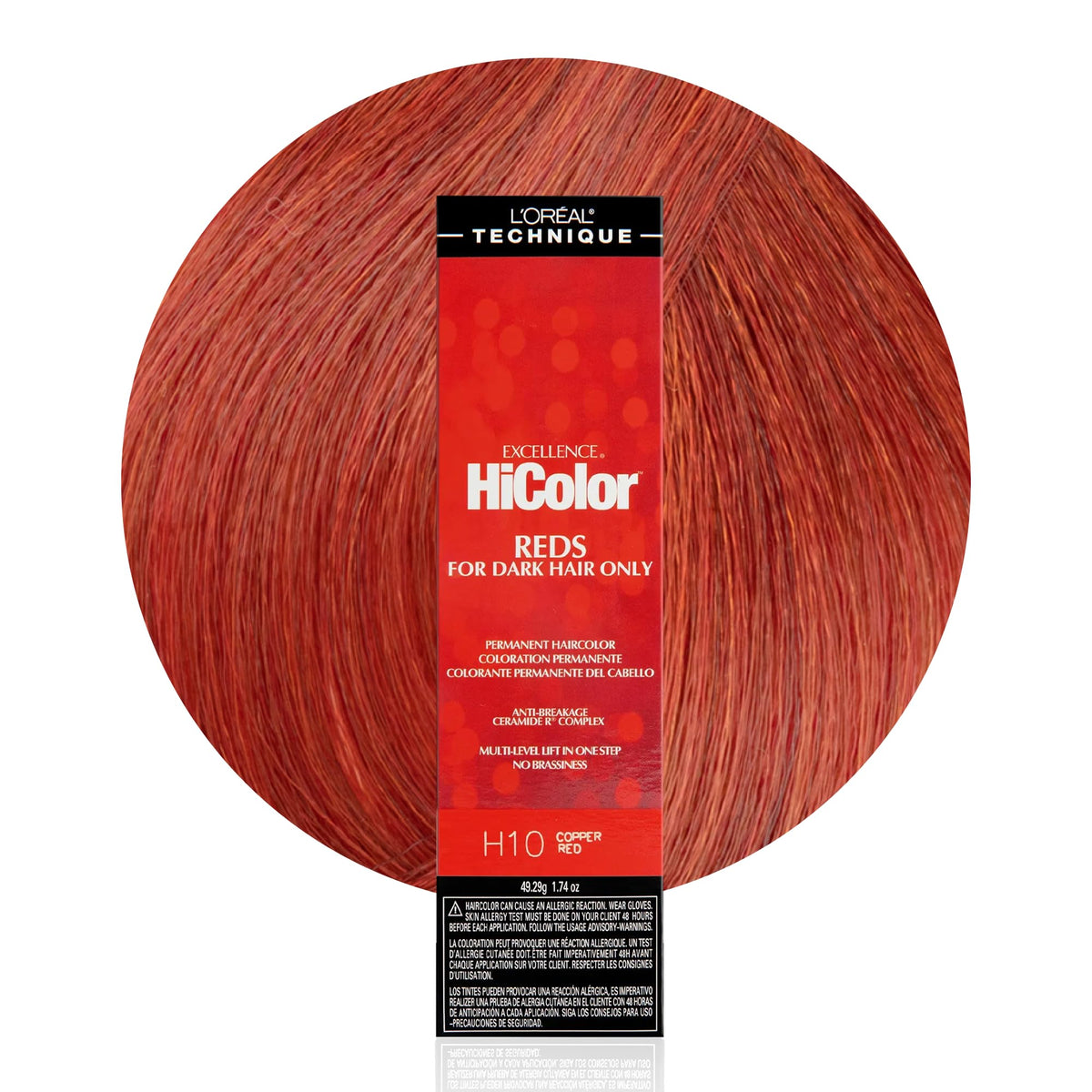 L'Oreal Technique HiColor Reds H10 Copper Red bottle promises bold lift on dark hair.