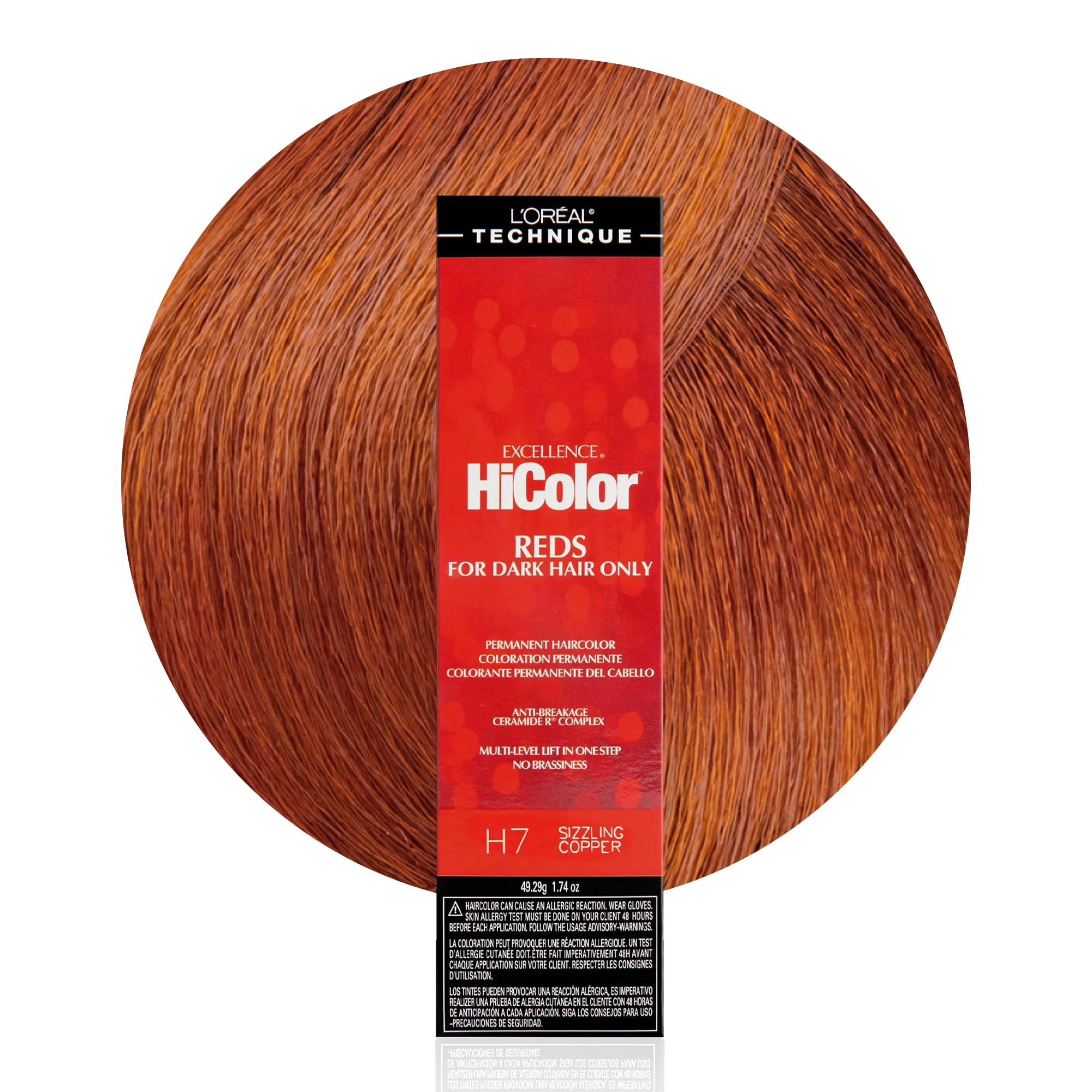 L'Oréal Technique HiColor Reds Sizzling Copper bottle shows bold, long-lasting color