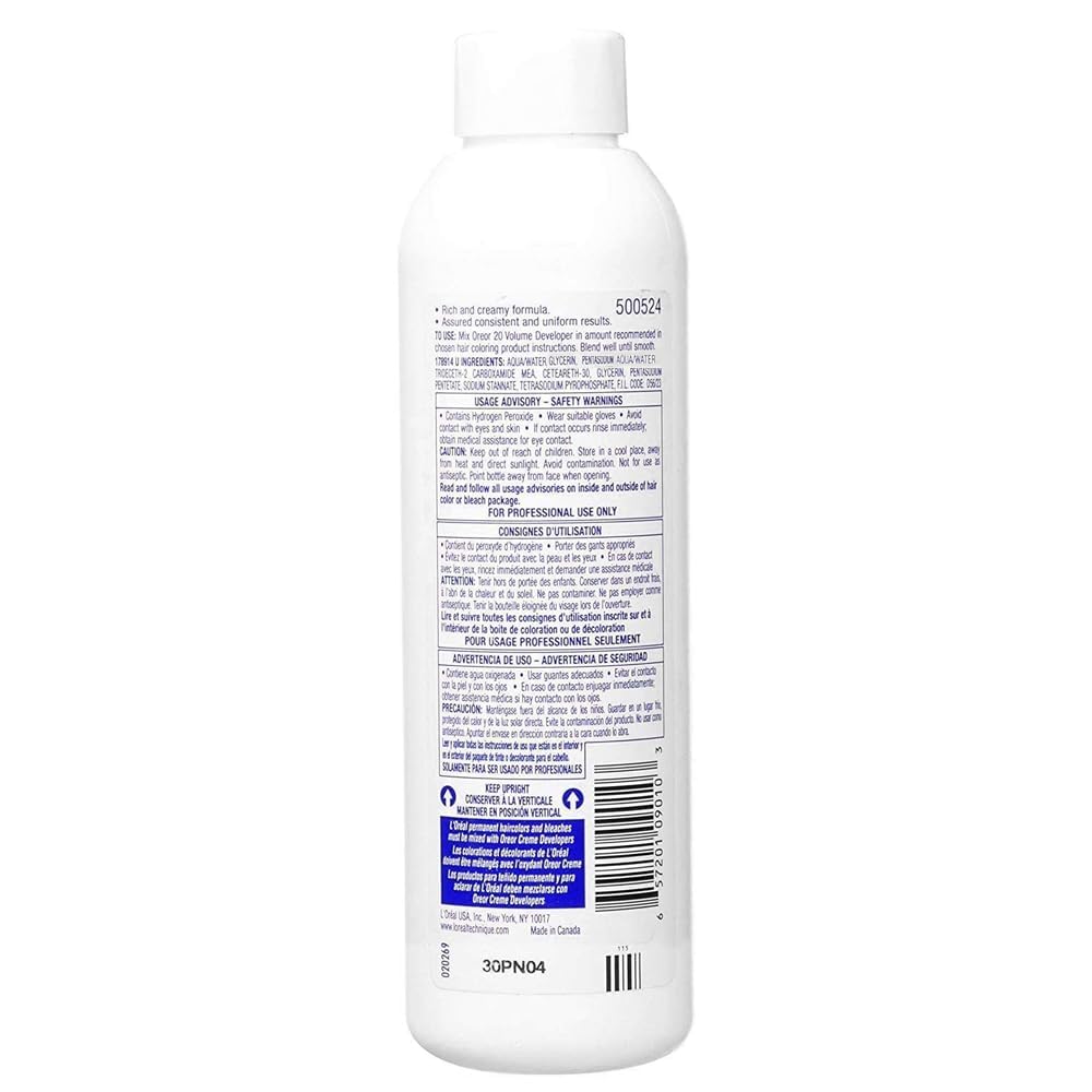 L'Oreal Technique Oreor 20 Volume Developer supports lifting up to 2 levels with compatible formulas.