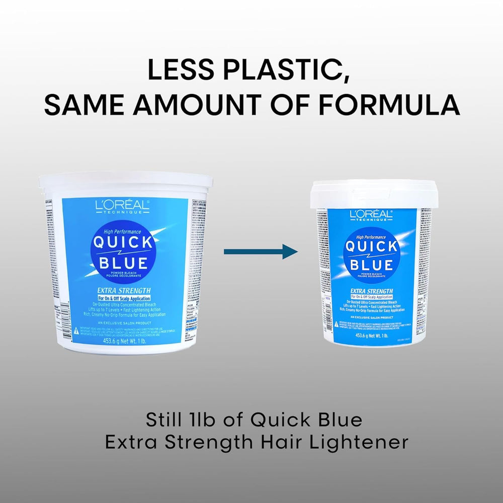 L'Oreal Technique Quick Blue bleach powder highlights dust-free formula for cleaner application.