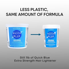 L'Oreal Technique Quick Blue bleach powder highlights dust-free formula for cleaner application.