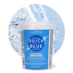 L'Oreal Technique Quick Blue bleach powder tub showing packaging for fast lightening results.
