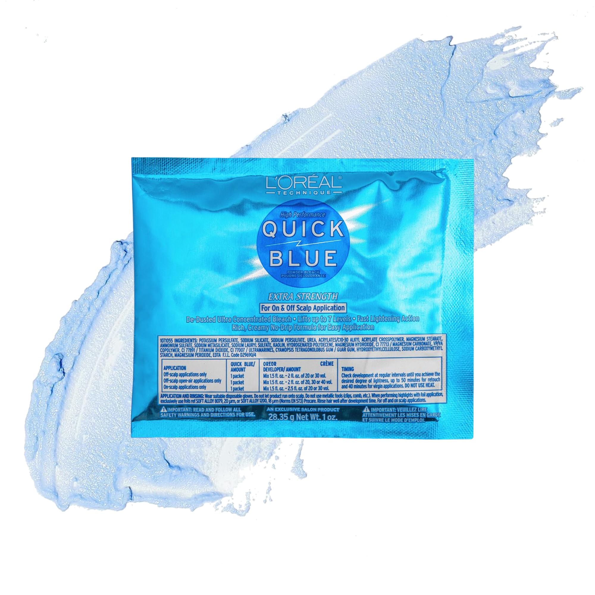 Loreal Technique Quick Blue powder in 1oz pack ready for mixing and lift potential.