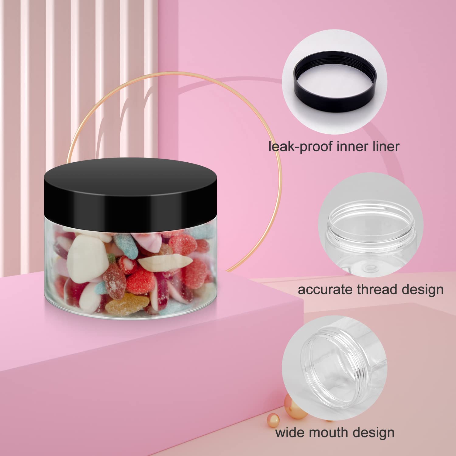 Loretoy BPA-free PET jars with clear finish for visible organization.