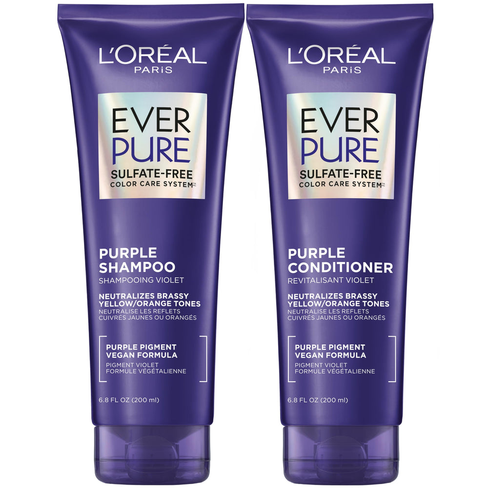 L’Oréal Paris EverPure shampoo tono violeta en botella, neutraliza brillos amarillos.