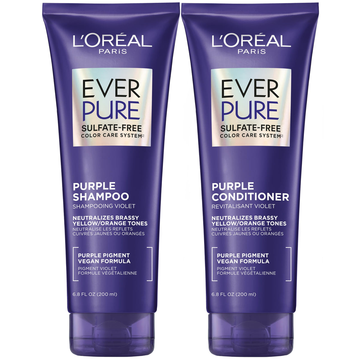L’Oréal Paris EverPure shampoo tono violeta en botella, neutraliza brillos amarillos.
