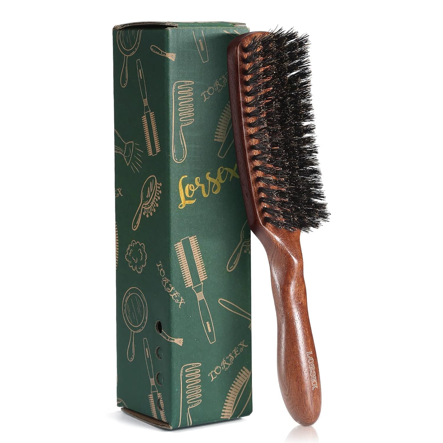 LORSEX boar bristle hair brush front view for smooth styling and shine.