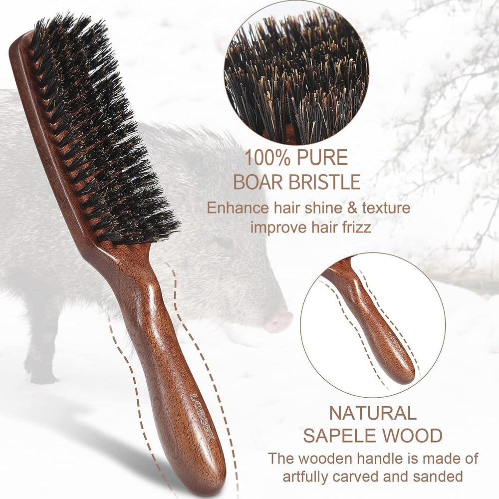 LORSEX boar-bristle brush in hand for gentle grooming on hair.