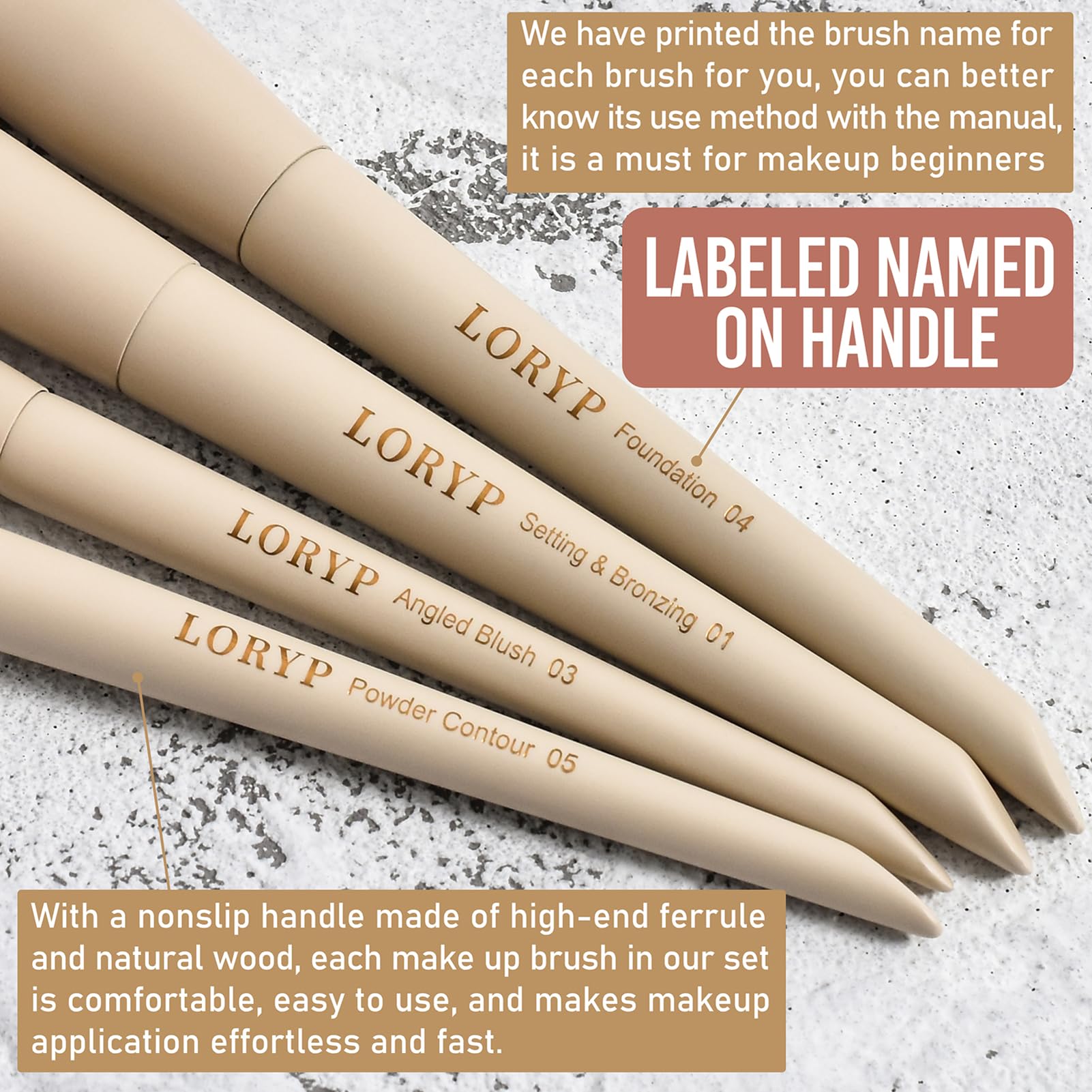 LORYP facial and eye brushes enabling even foundation and blending