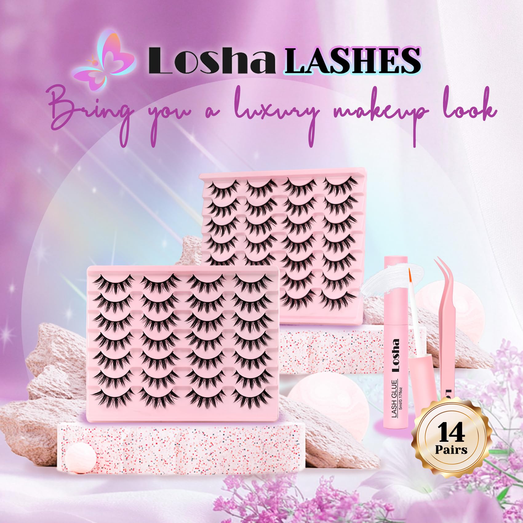 Losha Lashes beginner-friendly application with glue and tweezer included.