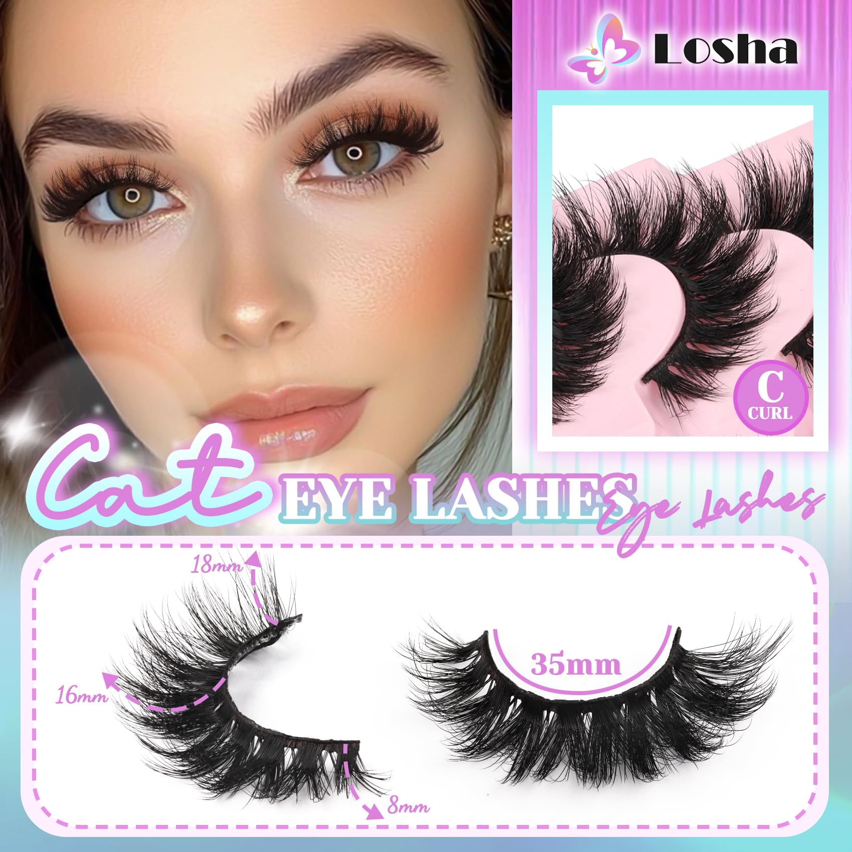 Losha Lashes 8-18mm length for versatile day-to-night glamour.