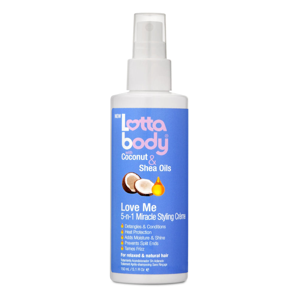 Lottabody Love Me 5-n-1 bottle close-up shows nourishing coconut and shea oils.
