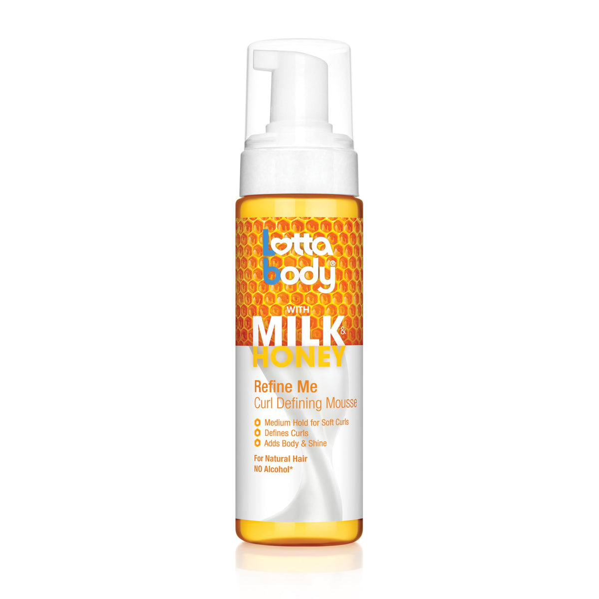 Lottabody Refine Me Mousse bottle shows curl-defining formula for soft, bouncy curls.