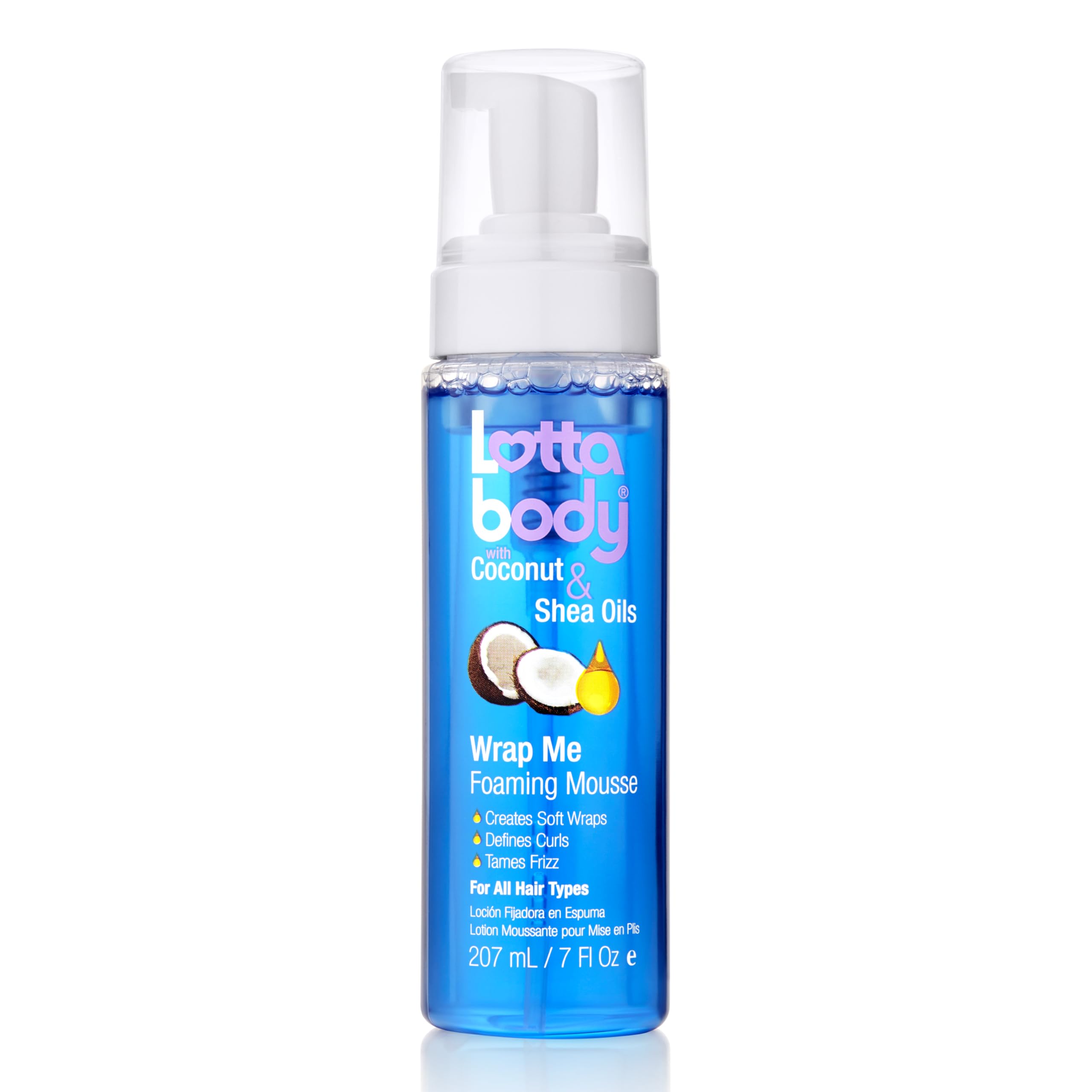 Lottabody Wrap Me Mousse bottle showing frizz control for curls