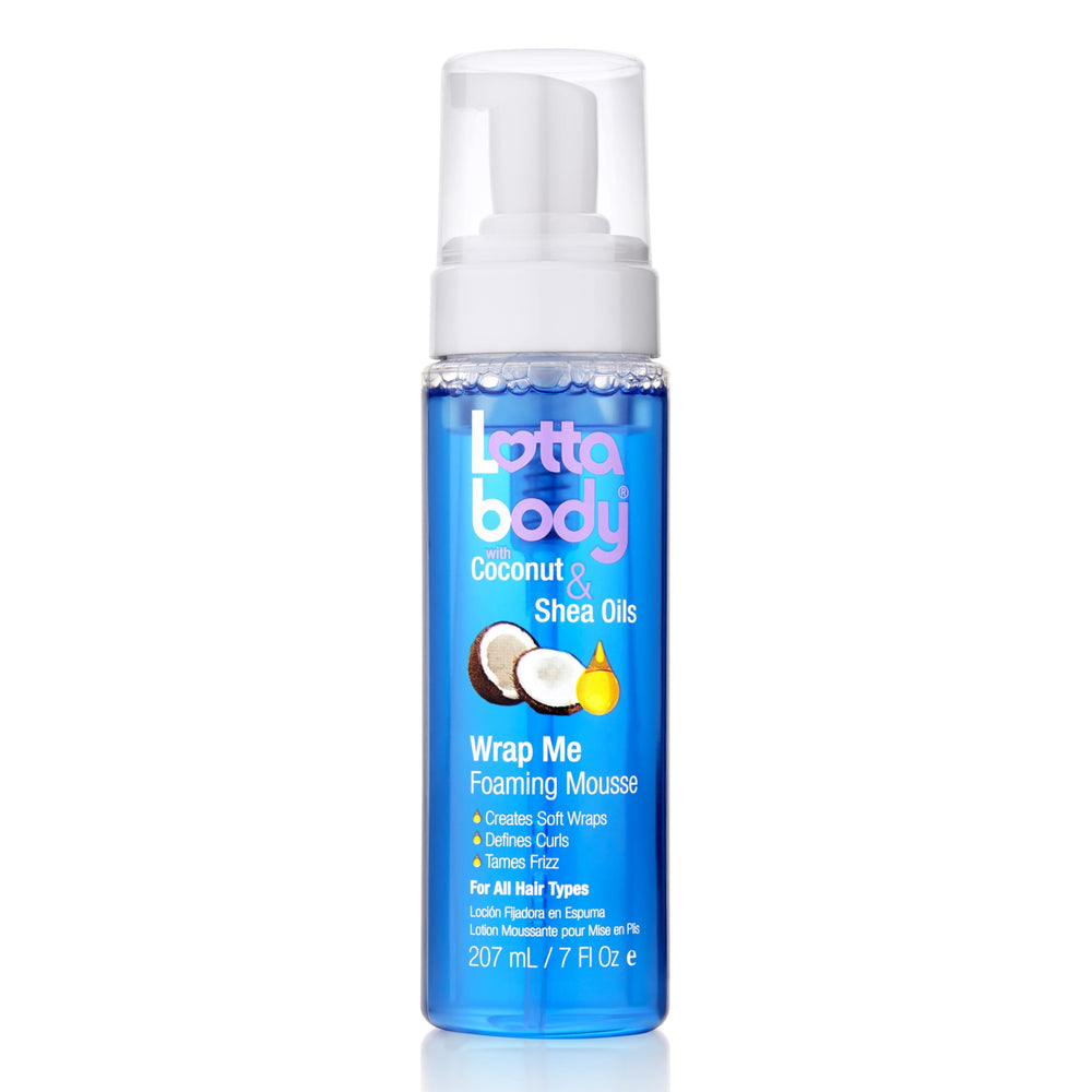 Lottabody Wrap Me Mousse bottle showing frizz control for curls
