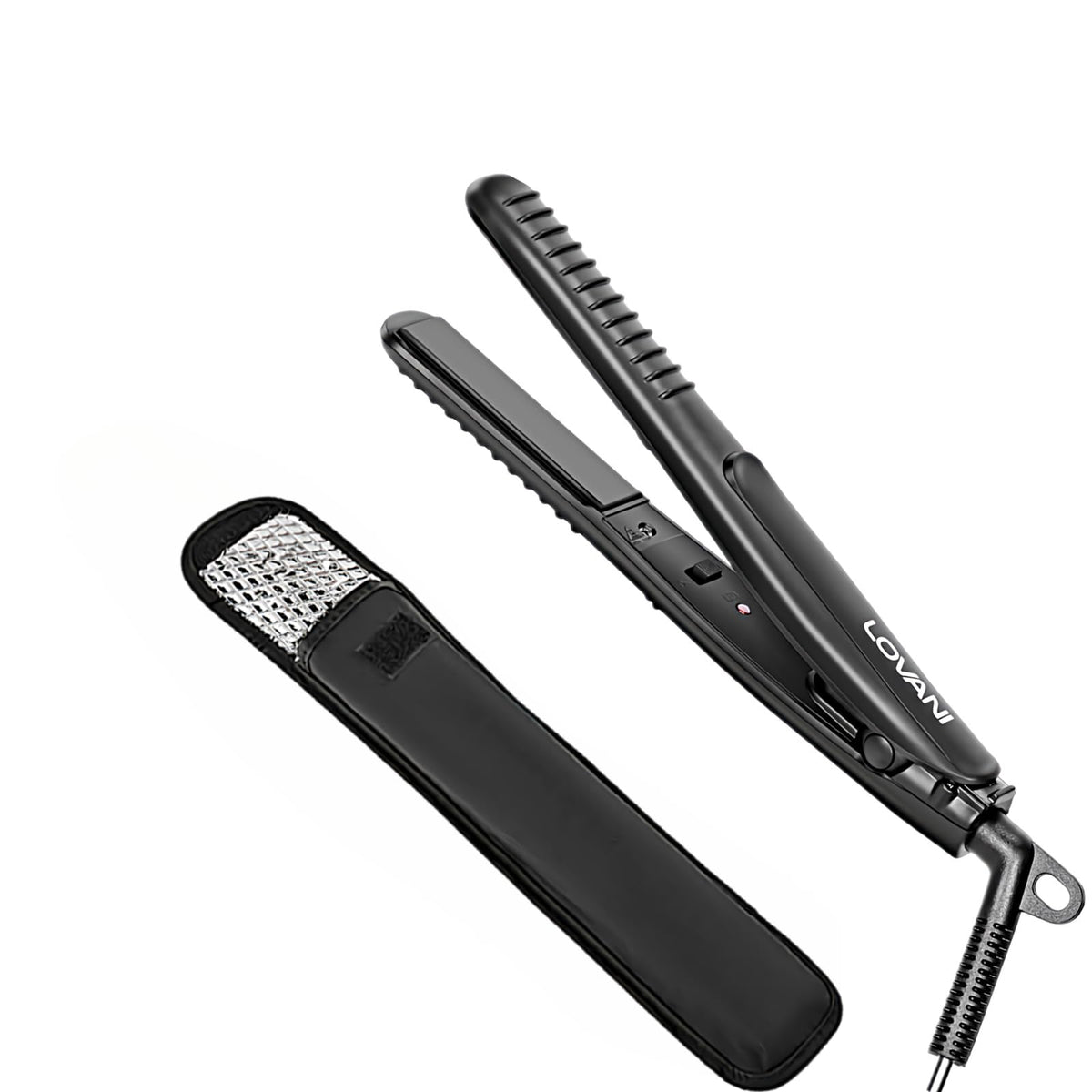 LOVANI mini flat iron front view ideal for on-the-go styling and quick heat-ready performance.
