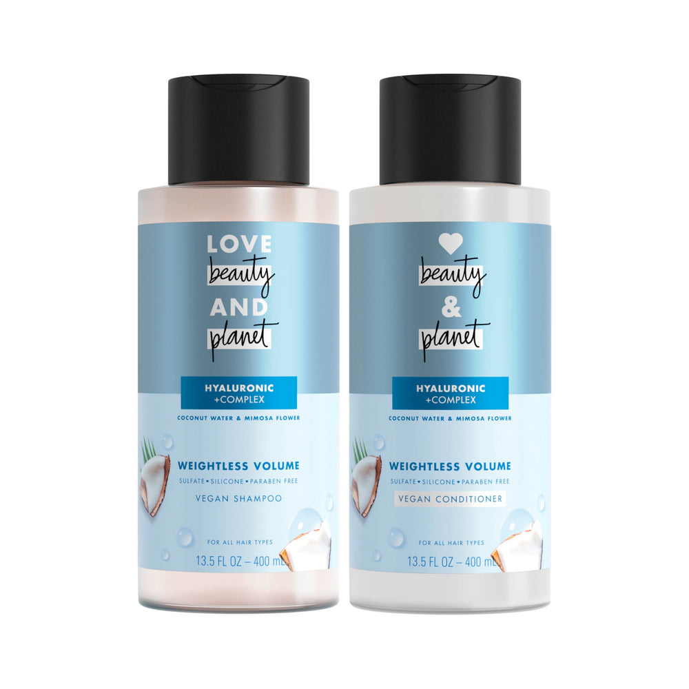 Botella Love Beauty And Planet Champú Volumen Coco Mimosa para cabello fino.