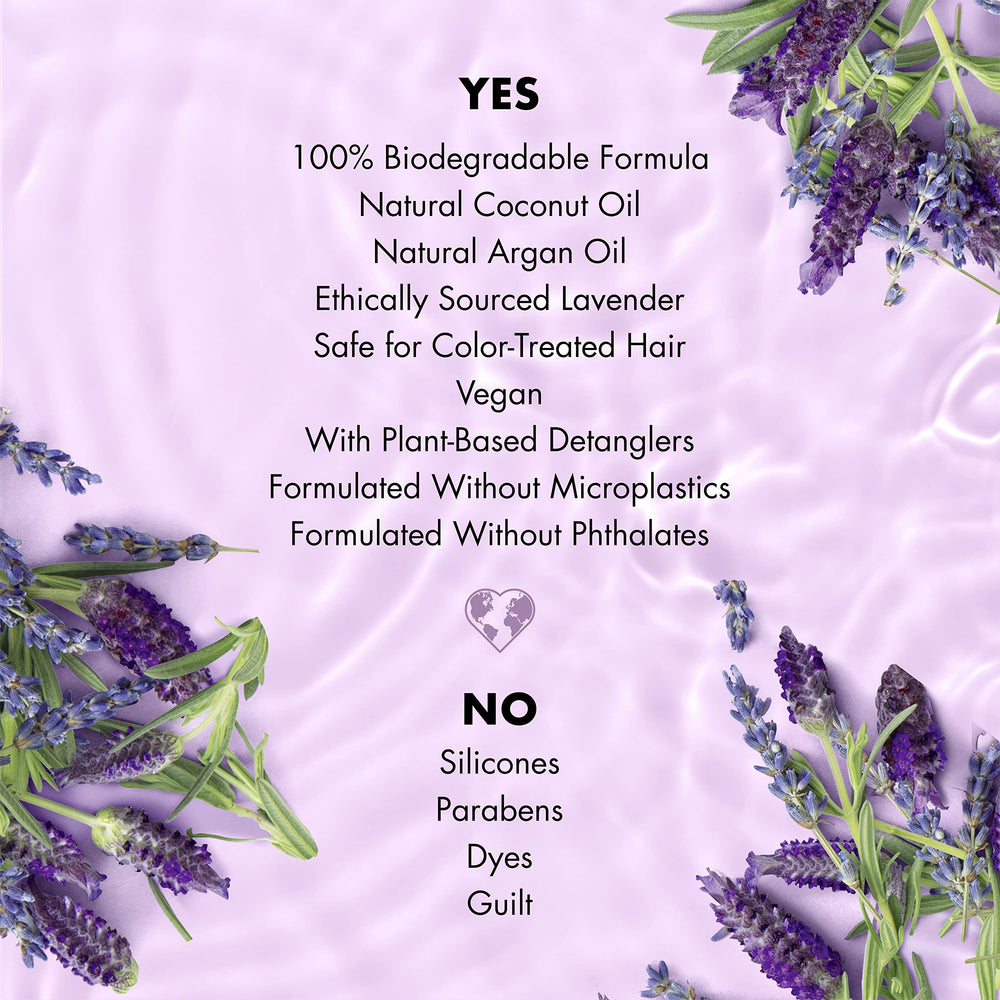 Love Beauty and Planet champú argán lavanda, frasco reciclable para cuidado sostenible.