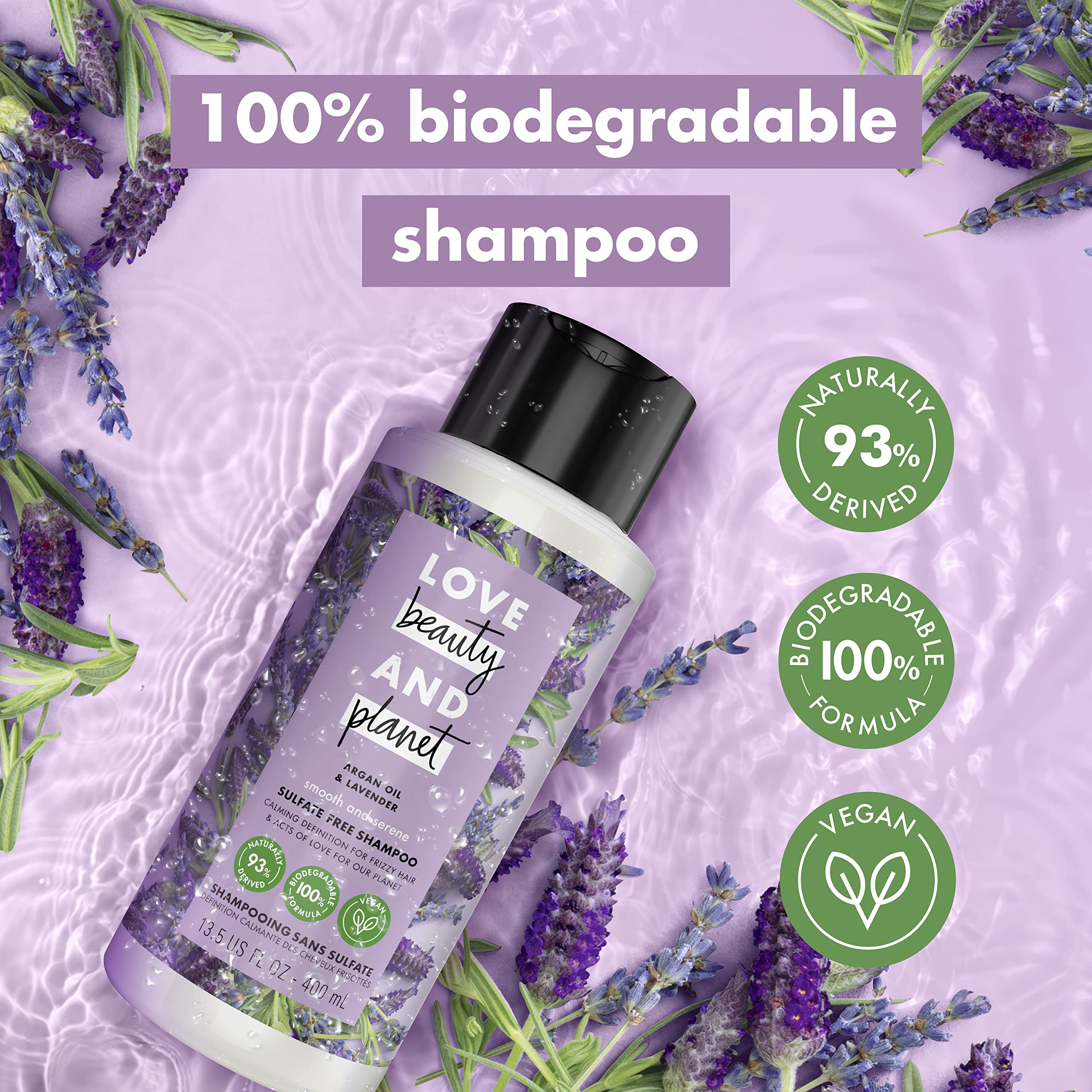 Love Beauty and Planet champú argán lavanda, uso diario para cabello saludable.