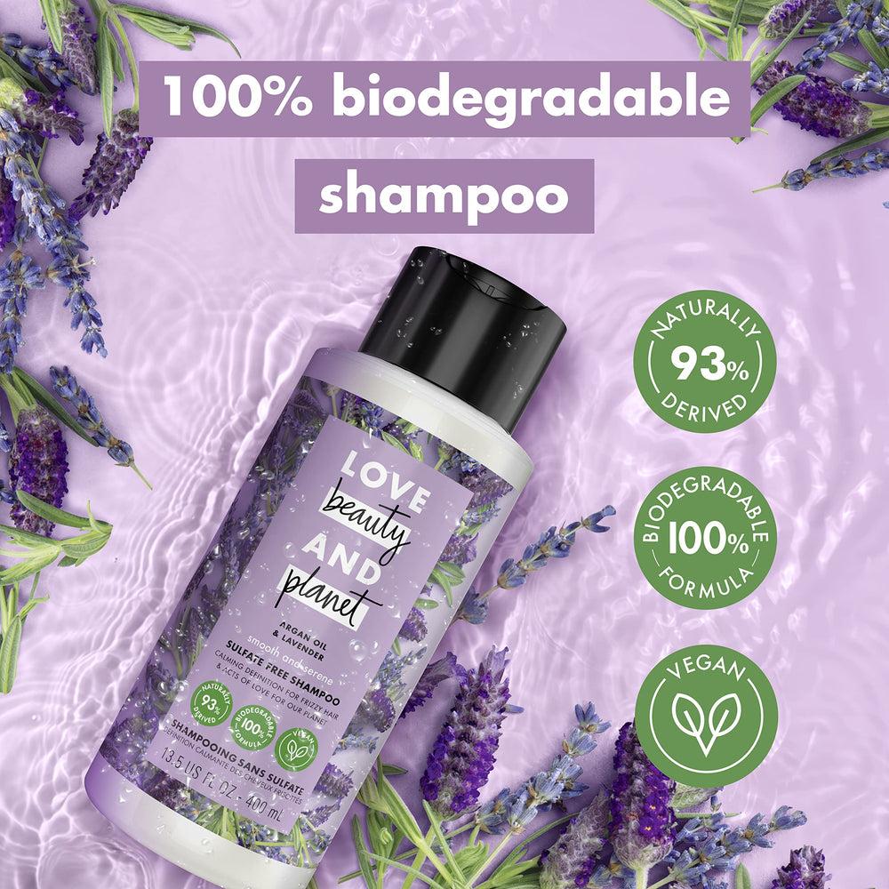 Love Beauty and Planet champú argán lavanda, uso diario para cabello saludable.