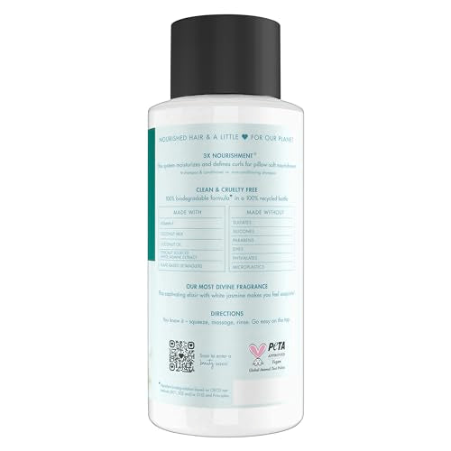 Closeup of coconut milk conditioner label highlighting nourishment and moisture.