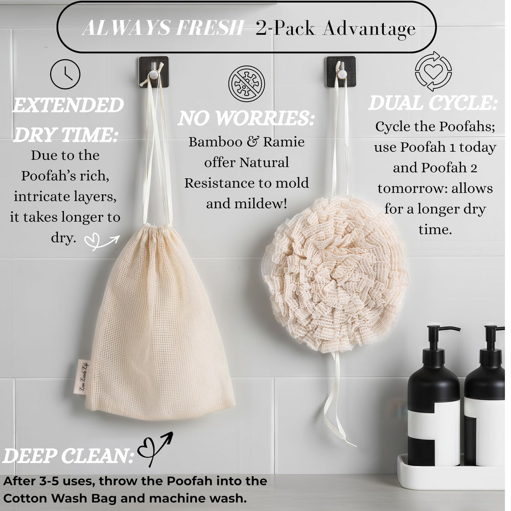 Love Leads Life cotton wash bag keeps Poofah clean between uses