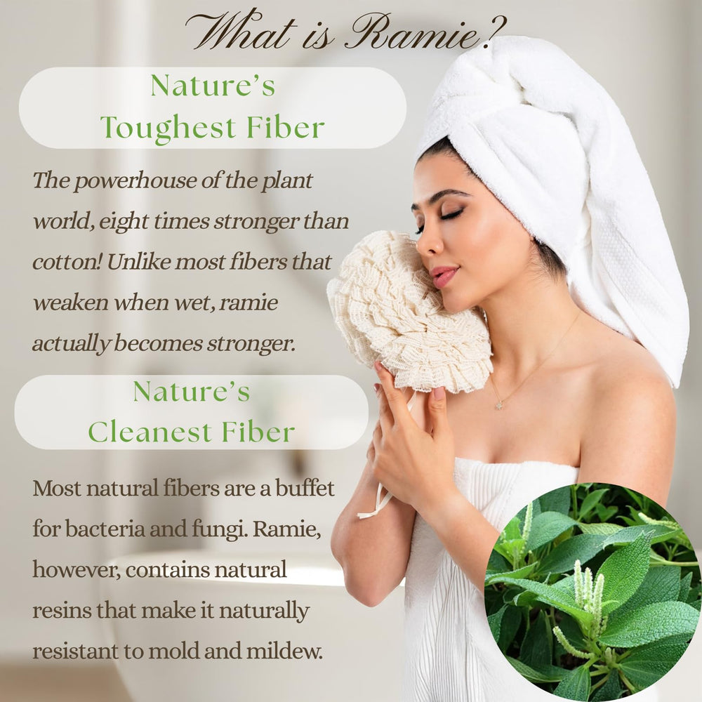 Love Leads Life Poofah ramie loofah close-up highlights non-abrasive exfoliation