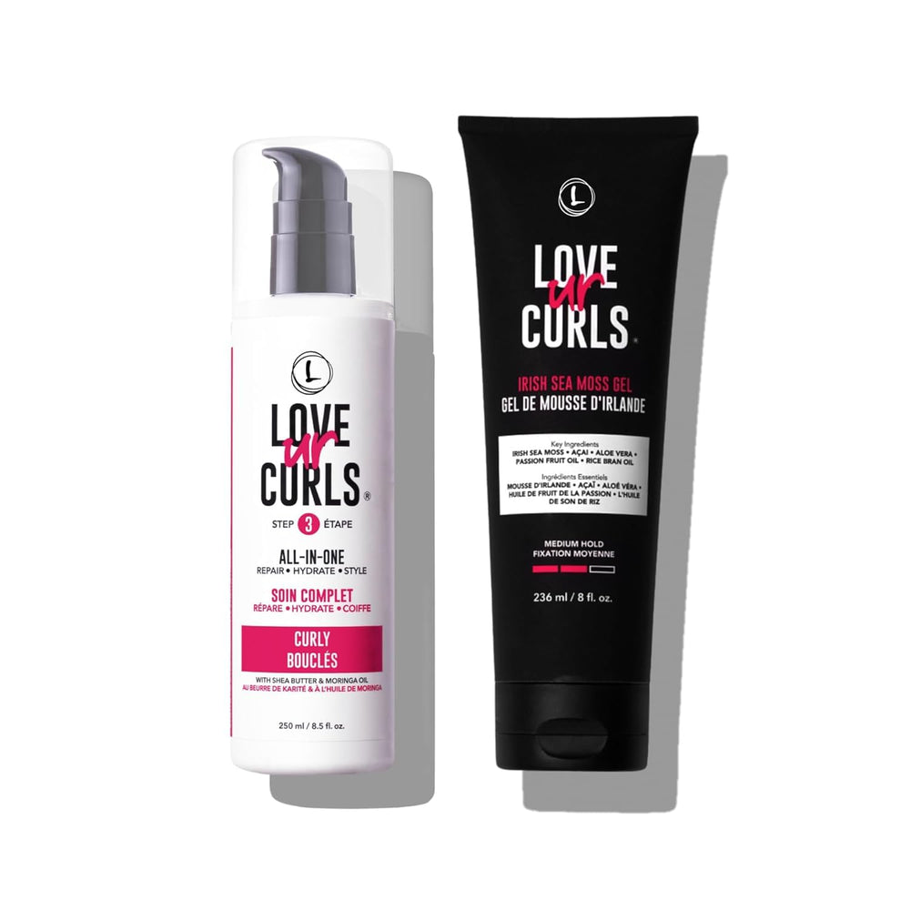 Love Ur Curls All-in-One Cream bottle pour for defined, hydrated curls.