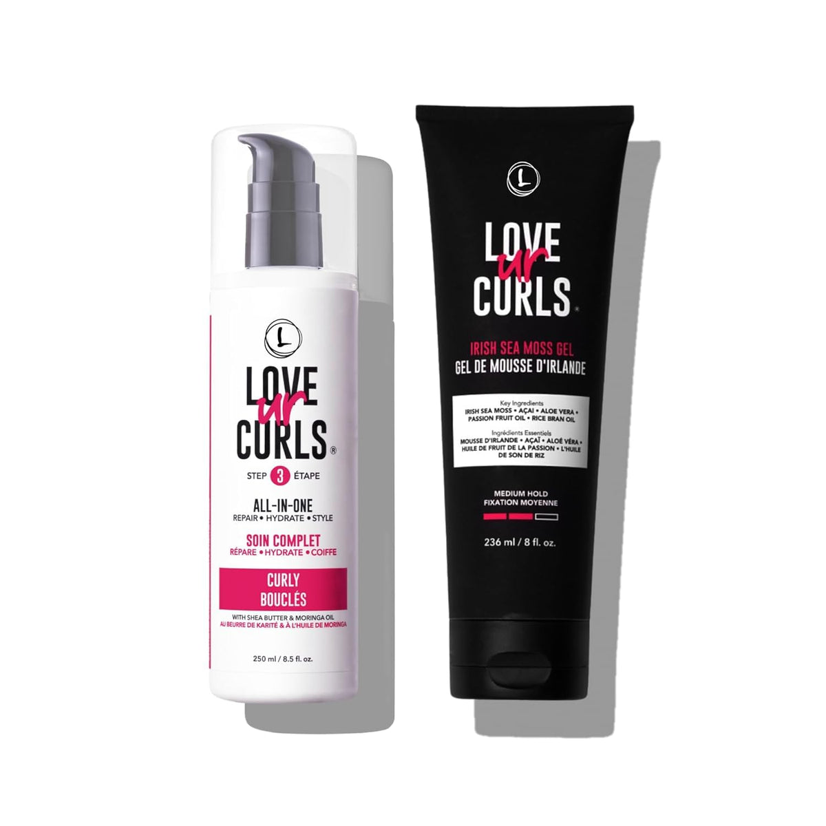 Love Ur Curls All-in-One Cream bottle pour for defined, hydrated curls.