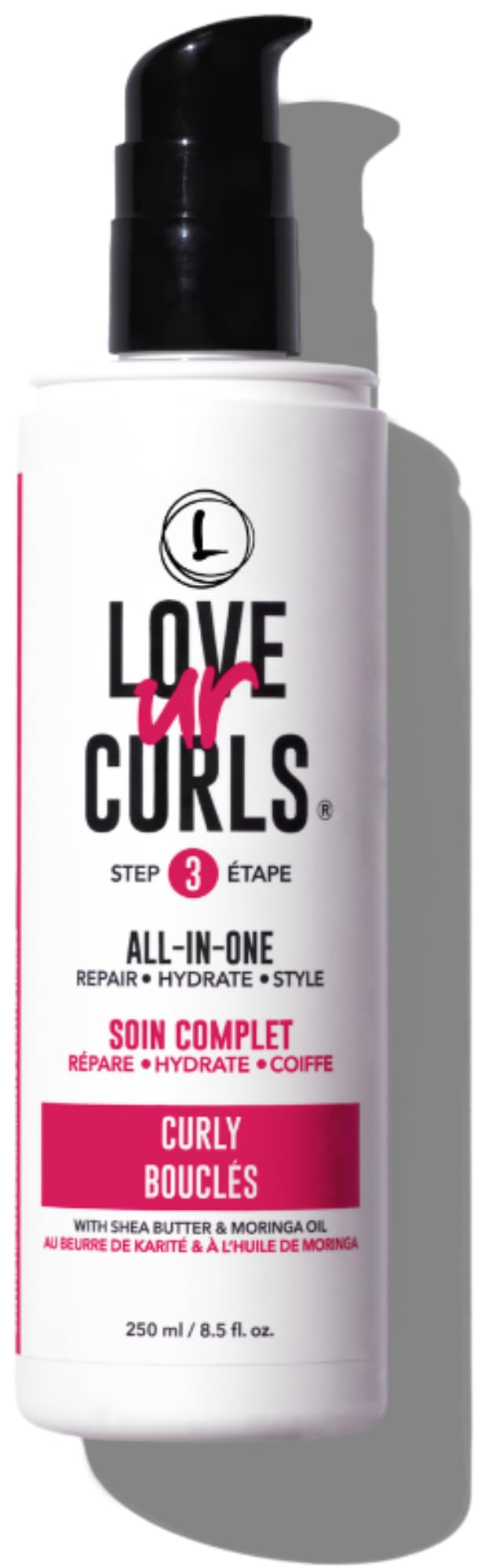 Love Ur Curls All in One Curl Cream Styler bottle view promotes defined, hydrated curls.