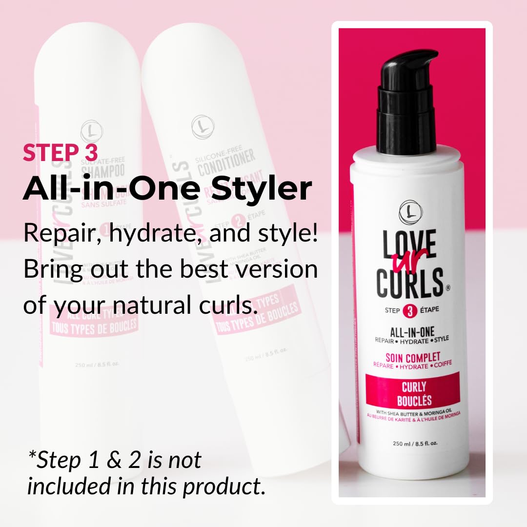 Love Ur Curls All in One Curl Cream Styler pump close-up shows easy application and frizz control.