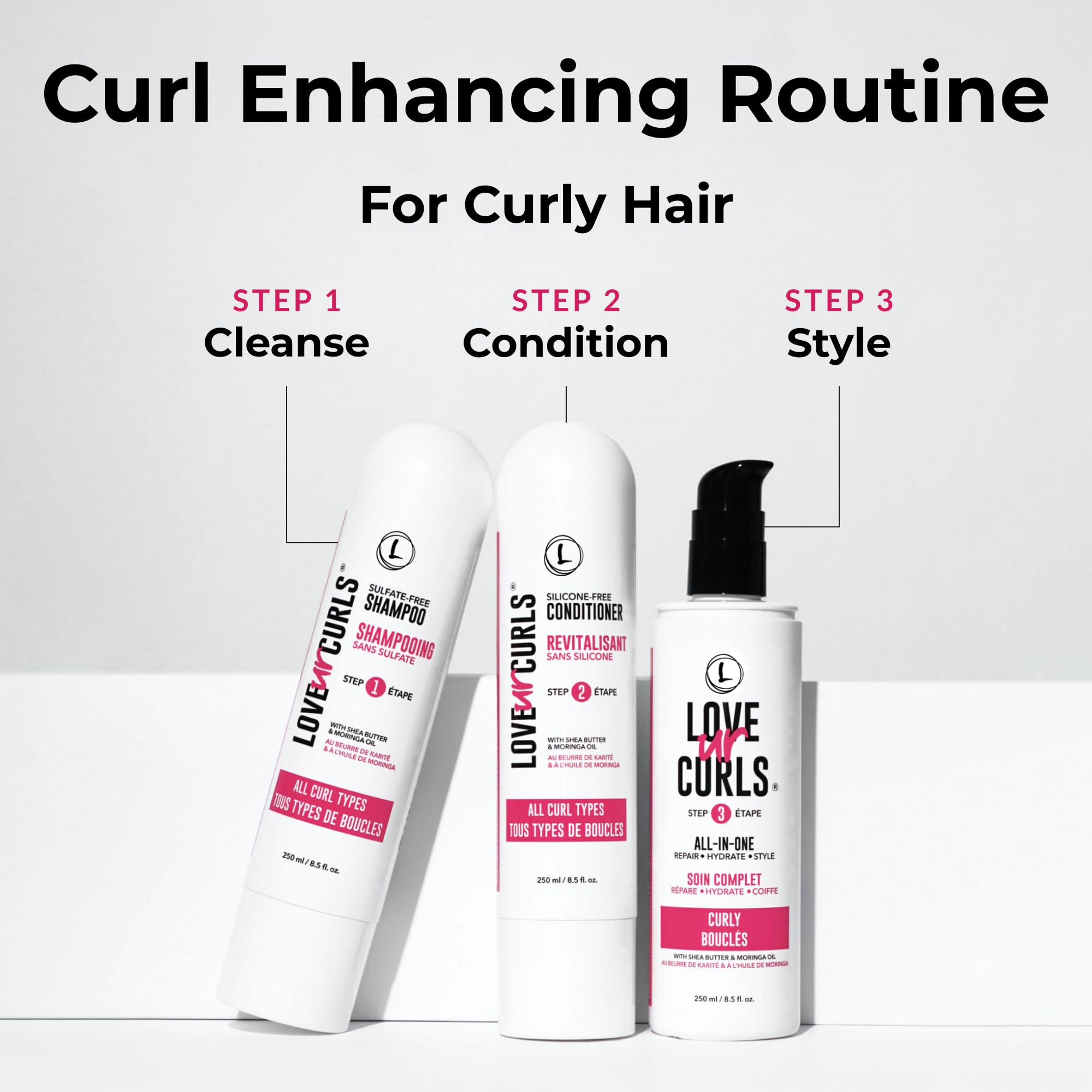 Love Ur Curls conditioner bottle close-up for detangling moisture.
