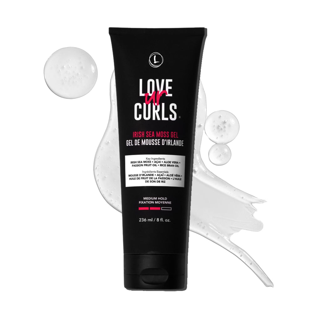 Love Ur Curls Irish Sea Moss Hair Gel bottle front shows vegan formula for defined curls.
