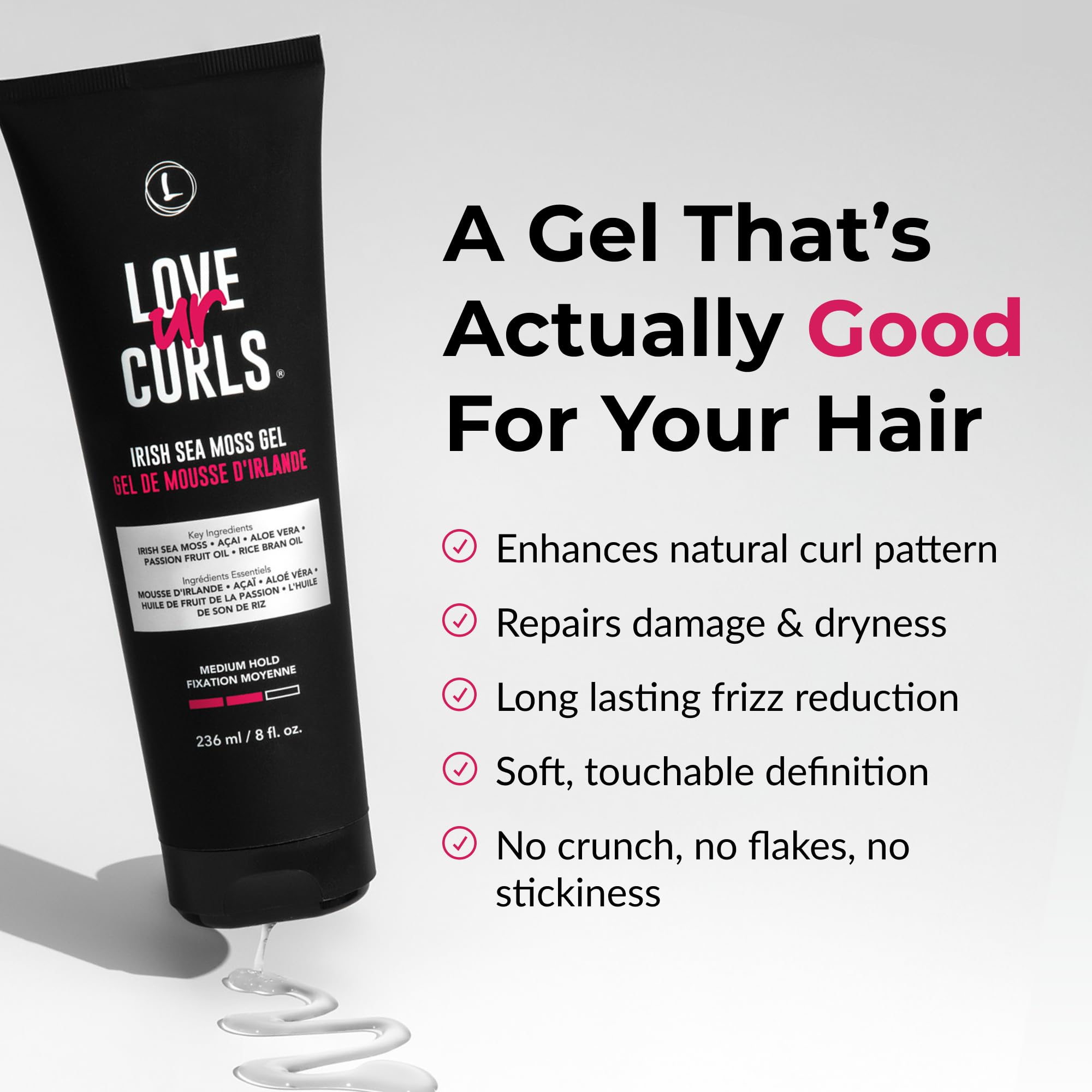 Love Ur Curls gel bottle side highlights rich moisture for healthy-looking waves.