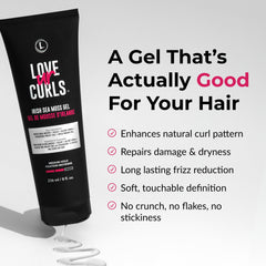 Love Ur Curls gel bottle side highlights rich moisture for healthy-looking waves.